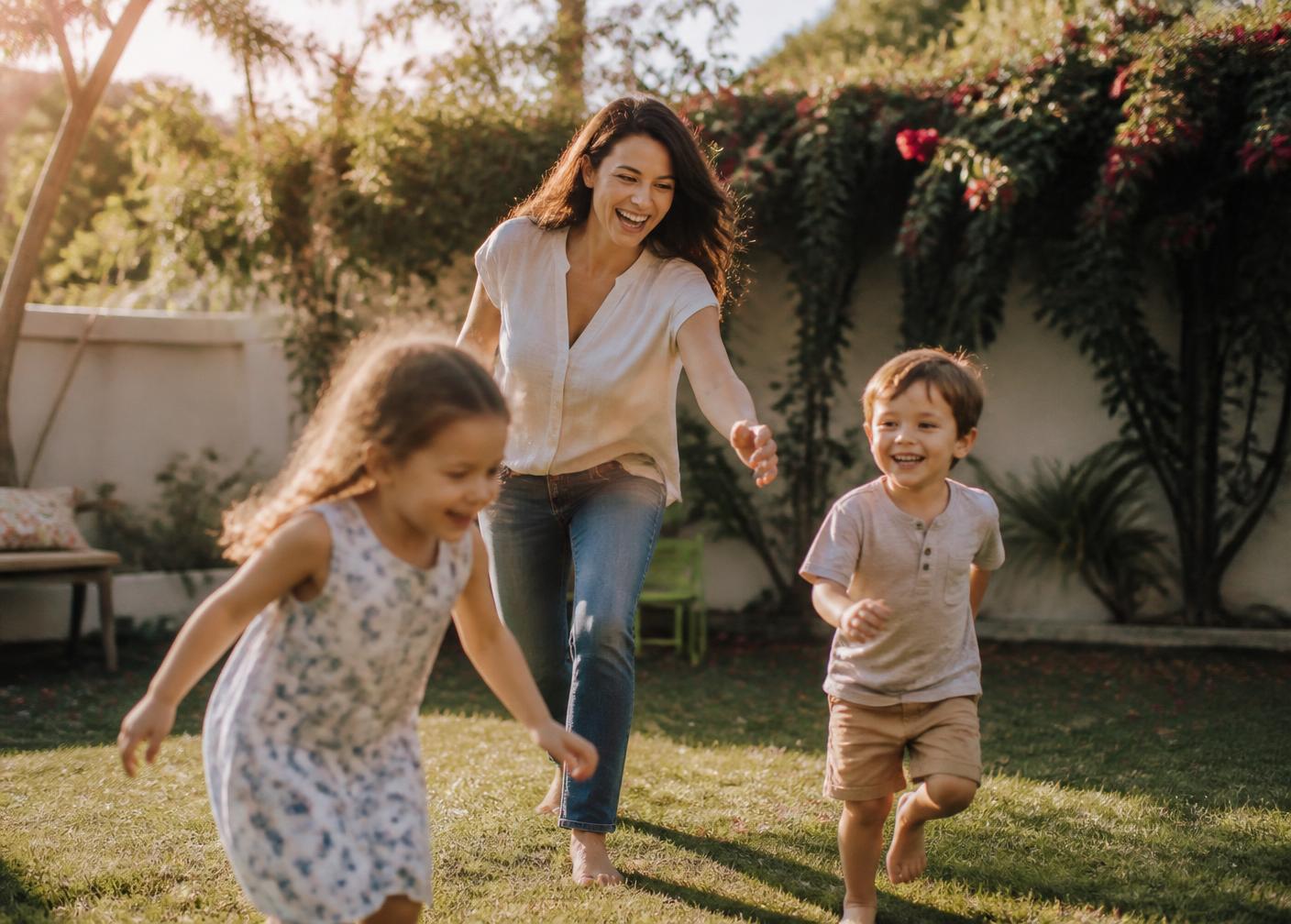 A mom playing with her kids in the backyard