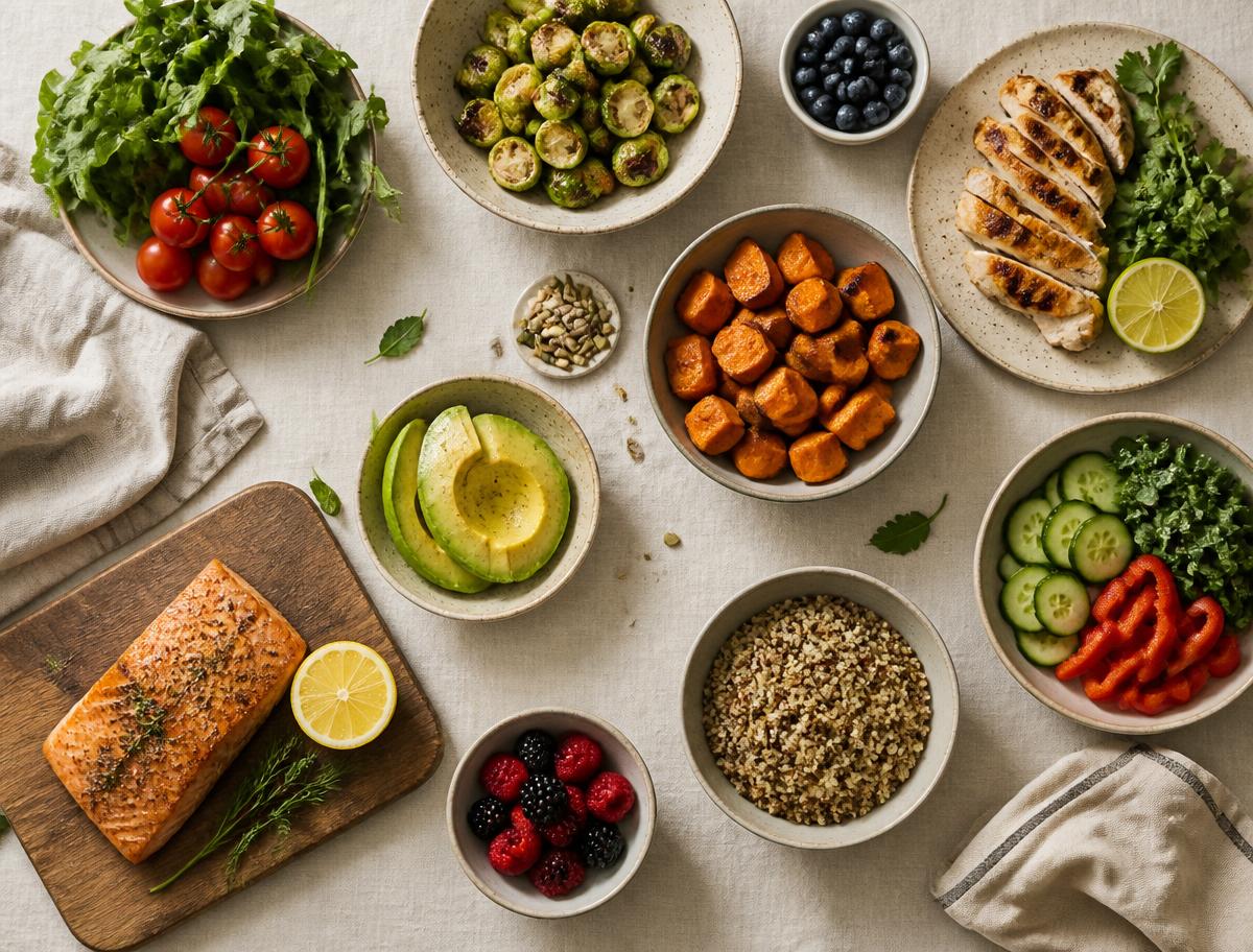 Whole foods spread — protein, vegetables, complex carbs
